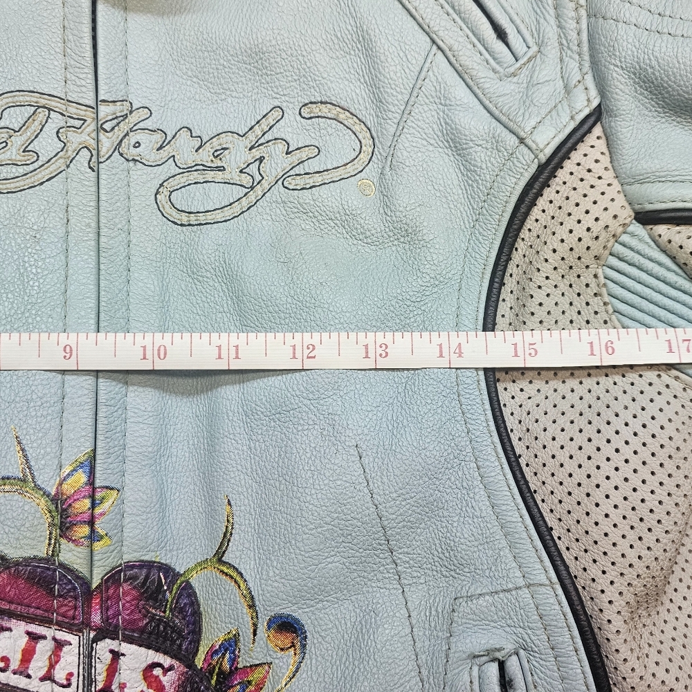 Ed Hardy Light Blue Leather Jacket with Graphic Accents - Picture 4 of 5